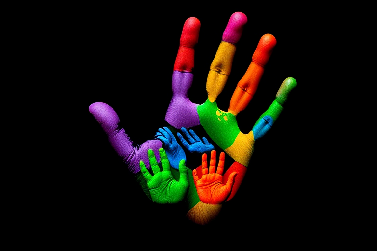 Generate a vibrant and colorful handprint made of tiny multicolored hands on a black background, shot using a Canon EOS R5 with a 50mm f/1.2 lens, aperture set to f/2.8, ISO 100, in a studio lighting setup for enhanced contrast and clarity.