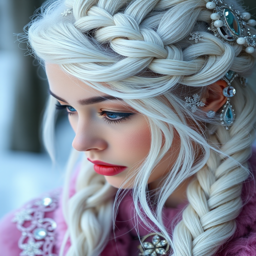 Mesmerizing close-up reveals Frost Queen platinum blonde hair, icy white strands with subtle blue undertones, styled in an intricate braided updo adorned with crystal accessories