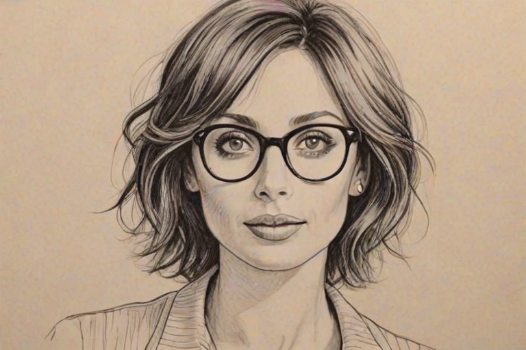 Enchanting Natalie Imbruglia, pencil sketch, portrait of Delightful woman 1926s in glasses, hair style beatnik, outline, clear lines, fine lines, 8k