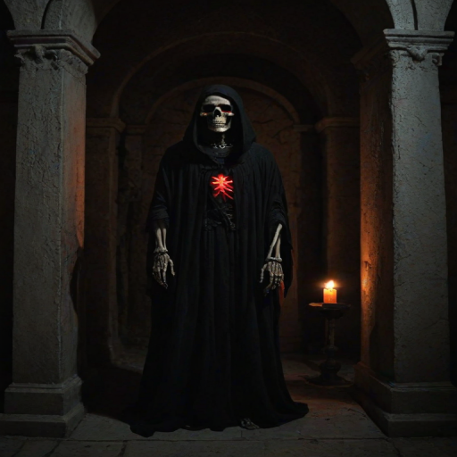tomb, crypt, indoors, dark, shadows, skeleton, glowing red eyes, black tattered robe