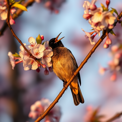 A blackbird singing on a blooming cherry blossom branch during golden hour, captured with a Canon EOS R5, 85mm lens, f/1.8 aperture, ISO 200, natural light, shallow depth of field for a soft background.