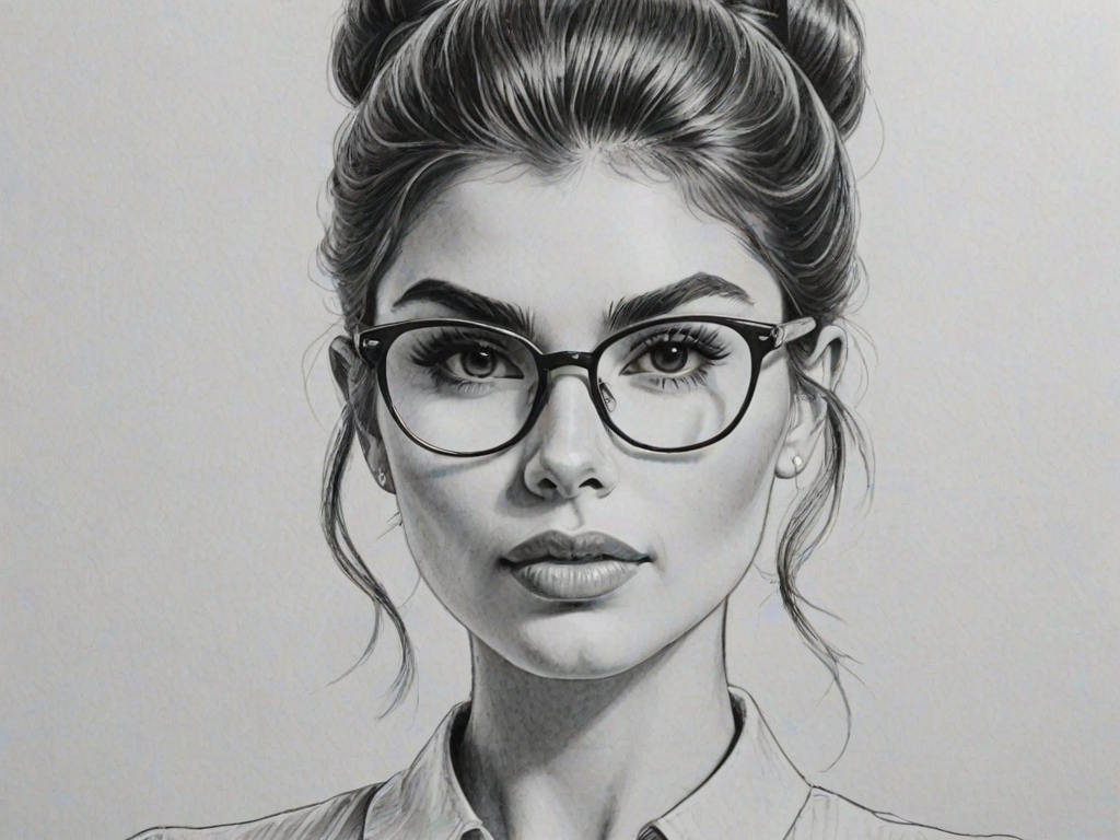 Bewitching Olivia Jade Giannulli, pencil sketch, portrait of Elegant woman 1958s in glasses, hair style beatnik, outline, clear lines, fine lines, 8k