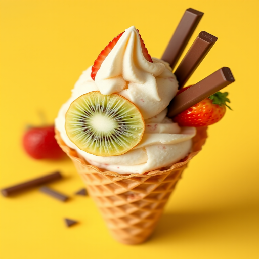 Ice cream in a waffle cone topped with kiwi, strawberries, and chocolate sticks on a yellow background, captured with a Canon EOS R6, 50mm lens, aperture f/2.8, ISO 100, natural soft lighting for enhanced detail and colors.