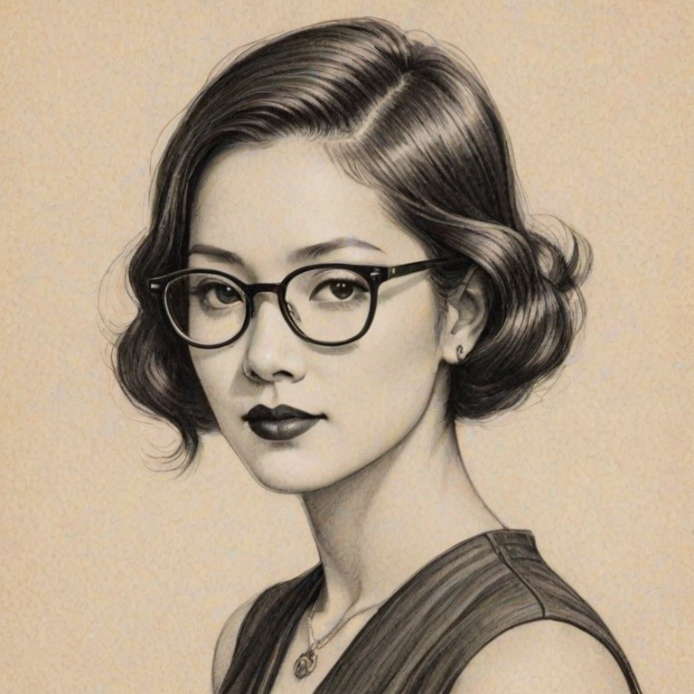 Captivating Lynn Chen, pencil sketch, portrait of Elegant woman 1929s in glasses, hair style beatnik, outline, clear lines, fine lines, 8k