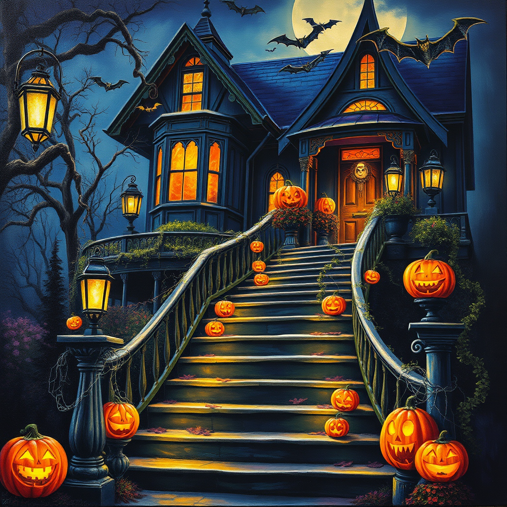 airbrushed oil painting, halloween theme, a haunted house, stairs, highly decorated, illuminated, lanterns, jack o'lantern, bats, webcobs
