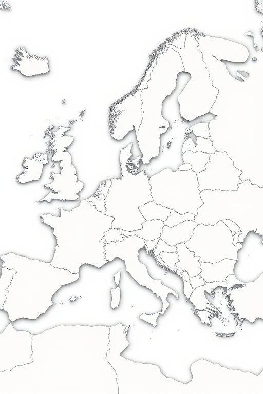 Create a high-resolution map of Europe showing country borders in a light gray color, with a focus on clarity and detail, using DSLR camera settings ISO 100, aperture f/8, shutter speed 1/125, shot from an aerial view.