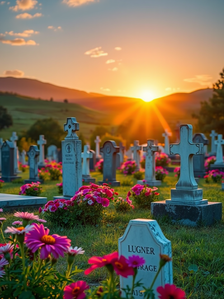 Capture a serene graveyard scene at golden hour with tombstones among vibrant flowers and lush hills in the background, using a Canon EOS R5, 35mm lens, f/2.8 aperture, ISO 100, and a shallow depth of field for enhanced background blur.