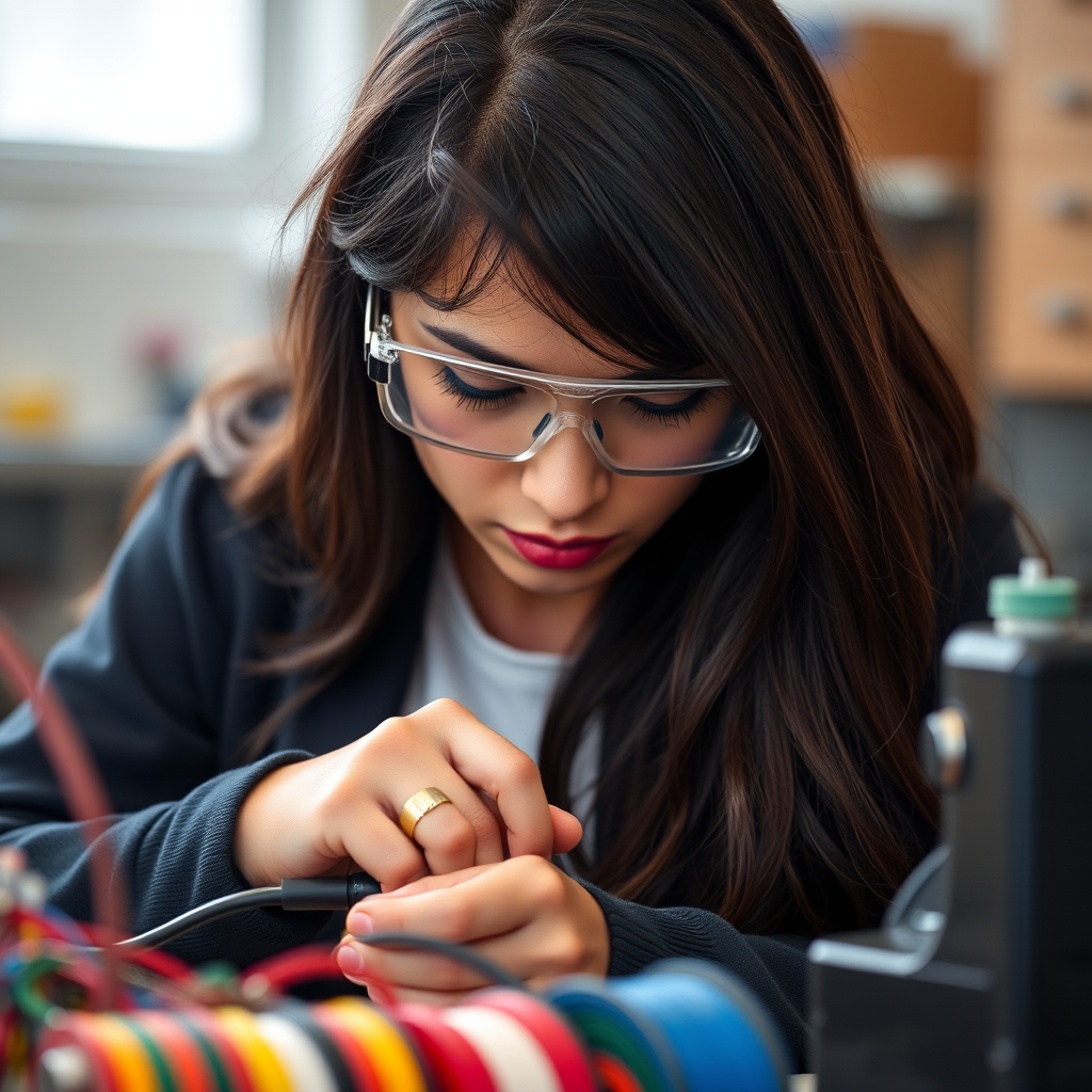 Capture a focused portrait of a woman with long dark hair, wearing safety goggles and working intently at a soldering station, with colorful spools of wire in the foreground, shot with a Canon EOS R5 at f/2.8, 1/125s, ISO 400, using a 50mm lens, in natural light for a soft bokeh effect.