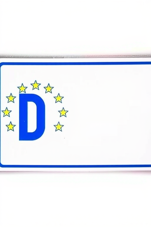 Create an image of a blank European license plate with a blue left side featuring a circle of stars and the letter D, shot with a DSLR camera, aperture f/8, 50mm lens, focusing on clarity and detail, bright lighting.