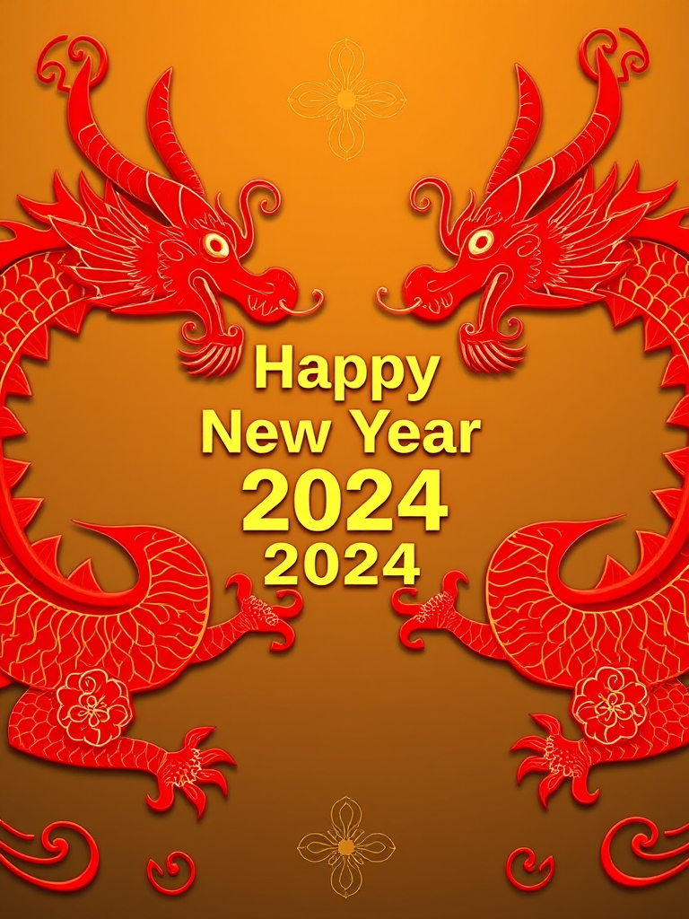 Create a vibrant New Year greeting card featuring two intricate red dragons on either side, with "Happy New Year 2024" prominently displayed in the center, using a Canon EOS R5 camera, aperture f/4, ISO 100, 50mm lens, vibrant colors and high contrast settings for enhanced clarity and detail.