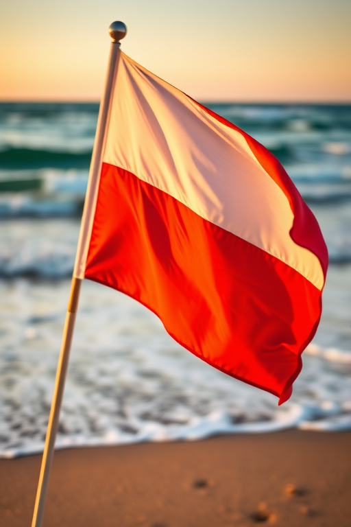 Capture a vibrant image of a Polish flag waving on a beach with ocean waves in the background, using a DSLR camera with a 50mm lens, aperture set to f/2.8 for shallow depth of field, ISO 100 for clear details, and a shutter speed of 1/500 seconds to freeze motion, during golden hour for warm lighting.