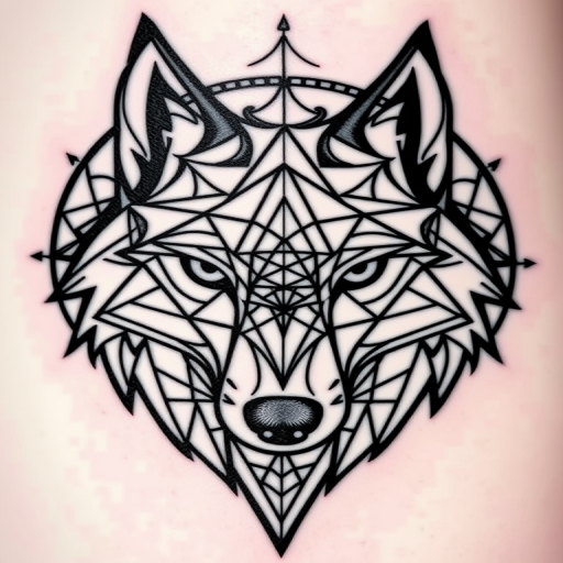 Geometric blackwork tattoo showcasing interconnected shapes and patterns forming a wolf's head, with precise linework and symmetry, called "Sacred Geometry Wolf"