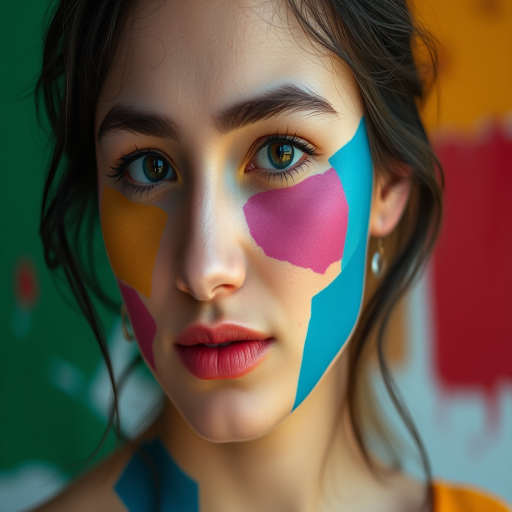Create a vibrant portrait of a woman with abstract colored patches, using a Canon EOS R5, 50mm lens, f/1.8 aperture, ISO 100, and a soft focus background for enhanced image quality.