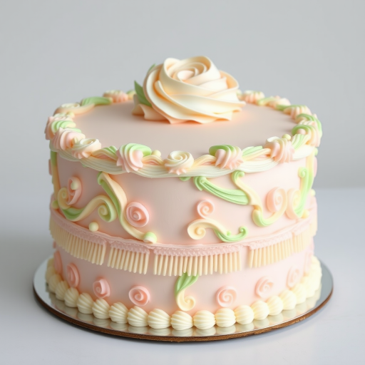 Create an image of an elegantly decorated cake featuring intricate frosting designs in soft pastel colors including pink green and cream the cake should have ornate piping that resembles floral patterns with roses and decorative fringes on the sides and a smooth finish on the top showcasing an aesthetic and luxurious appearance