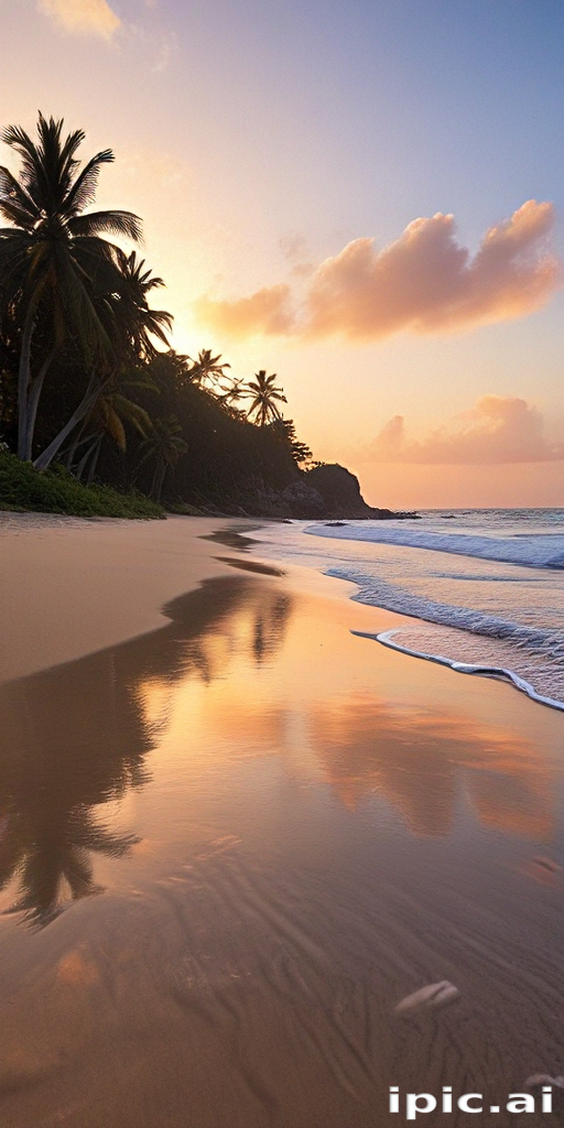 Serene Sunset Over Tranquil Beach with Palms and Gentle Waves