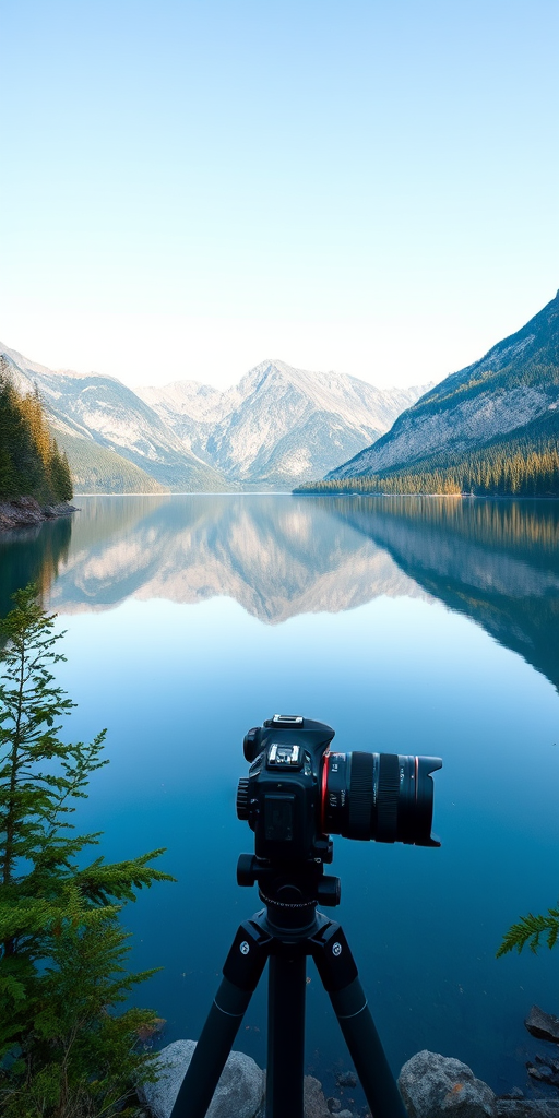 captured using a DSLR camera with a 24mm lens, f/8 aperture, ISO 100, 1/125 sec exposure, landscape view, natural lighting, stabilizing tripod setup, focused on the serene lake reflecting lush green trees and surrounding mountains in a tranquil setting