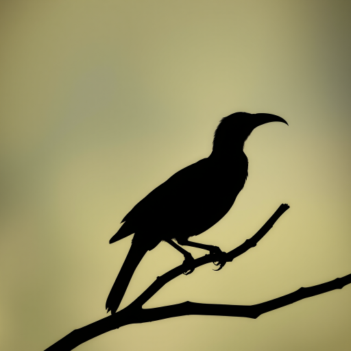 Create a high-resolution minimalist black silhouette of an exotic bird perched on a branch, captured with a Canon EOS 5D Mark IV, 85mm lens, f/1.8 aperture, ISO 100, in natural light, with a soft focus background to enhance detail and depth.