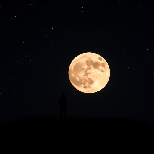 Create an image of a silhouetted figure standing on a hill against a large moon in a starry night sky, using a Canon EOS R5 with a 50mm lens at f/1.8, shutter speed 1/100s, ISO 200, wide shot, focused on the figure, with enhanced contrast and clarity.