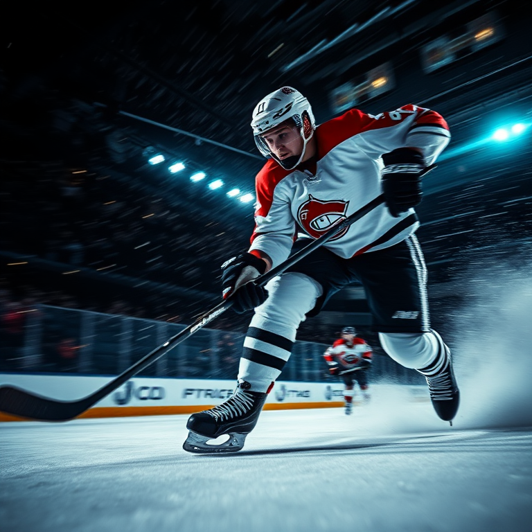 Hockey player in action on ice with intense focus, dynamic motion blur, low-angle shot, artificial lighting creating a dramatic effect, ISO 800, aperture f/4, shutter speed 1/500 sec, DSLR camera with a 24-70mm lens.