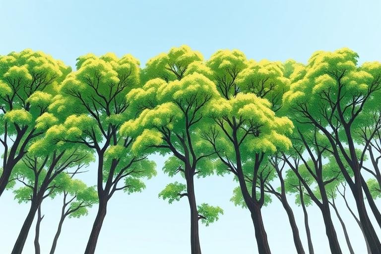 Create a high-resolution digital illustration of a lush forest scene with detailed trees, vibrant green leaves, and a clear blue sky, using a DSLR camera with a 50mm lens, aperture set to f/8, ISO 100, and a wide-angle view for depth.