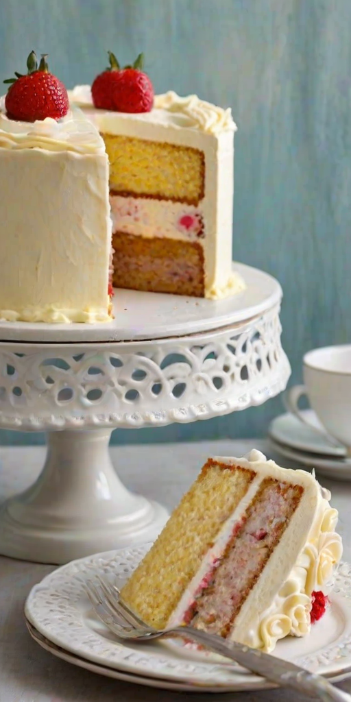 Generate an image of a slice of cake with three distinct layers. The cake should have a light yellow sponge with a smooth, creamy frosting between the layers. The frosting should be a pale color, and the outside of the cake should be neatly frosted. The scene should be well-lit, showcasing the texture of the cake and frosting clearly.