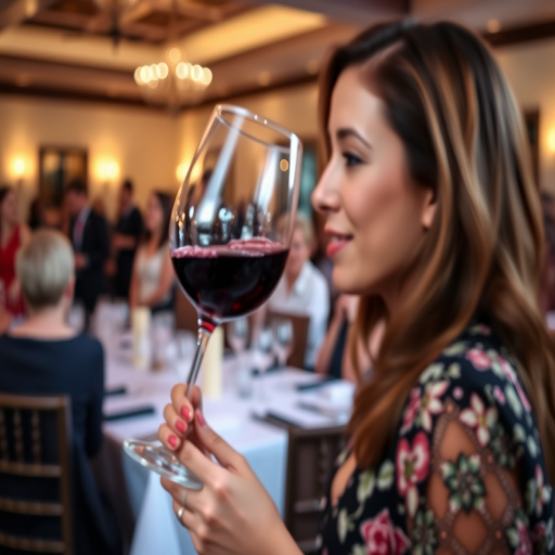 Blurry candid shot of a woman at a wine tasting event, swirling a glass of red wine, with elegantly set tables and other guests enjoying the ambiance in the background.