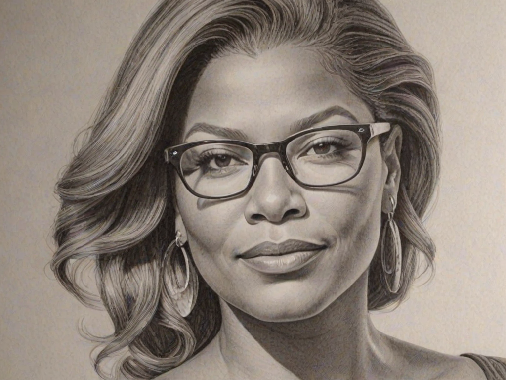 Resplendent Queen Latifah, pencil sketch, portrait of Ravishing woman 1967s in glasses, hair style beatnik, outline, clear lines, fine lines, 8k