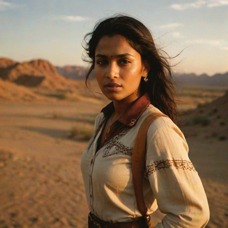 Dramatic photo of a beautiful Bangladeshi woman, classic cowboy attire, confident and free spirit expression, half-length portrait, centered, golden hour desert landscape, warm, diffused light, low angle, medium format film camera, in style of Annie Leibovitz.