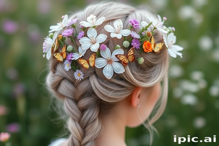 Whimsical lavender-hued crown braid adorned with fresh wildflowers and delicate butterfly clips, known as "Enchanted Meadow" evoking a fairytale-like charm