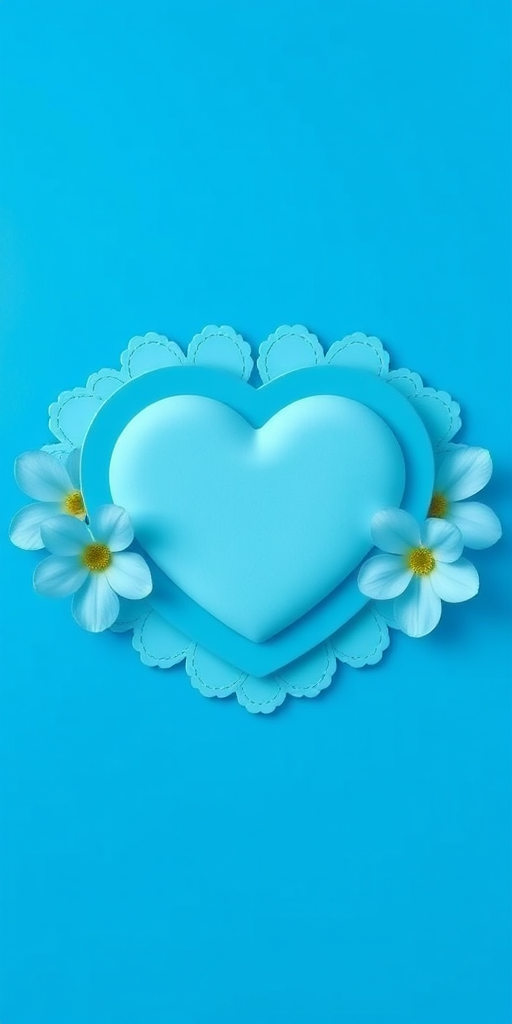 Create a bright blue background with a large symmetrical heart at the center, surrounded by layered scalloped edges, add two light blue flowers on either side of the heart with detailed petals, use a digital art style to enhance clarity, camera settings: f/8 aperture, ISO 200, shutter speed 1/125s, camera view: top-down, camera type: DSLR.