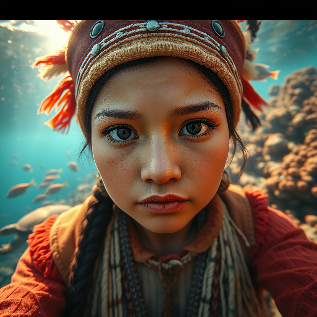 Realistic selfie image of a First Nations, wearing a vintage outfit, detailed dreamy eyes, droopy hooded eyes, staring at the camera, taken underwater at coral reef with a sunbeam filtering through the water, vibrant, summer vacation, natural lighting, turtle and school of tropical fish with vibrant colors, rendered in the style of CryEngine, Pegi Nicol MacLeod, with realistic genre scenes, hauntingly beautiful narratives, ultra-realism, and Thomas Saliot's close-up technique, 8K resolution, crystal clear and sparkling water.