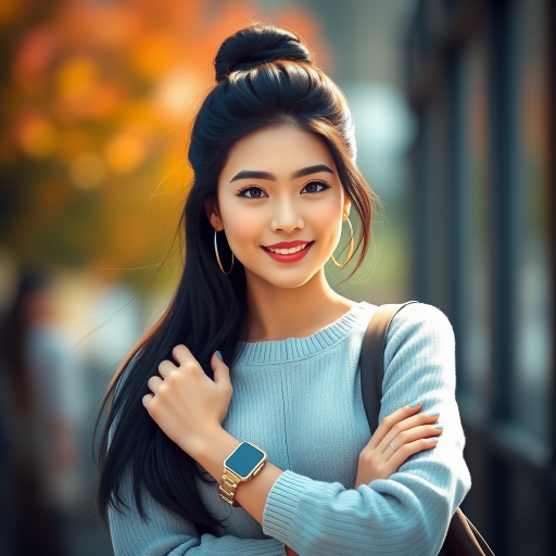 Create a vibrant digital illustration of a woman with long dark hair in a bun, wearing a light gray sweater and a watch, soft natural lighting, shallow depth of field, shot with a high-resolution camera, 85mm lens, f/1.8 aperture, ISO 200, focus on her face with a blurred background.