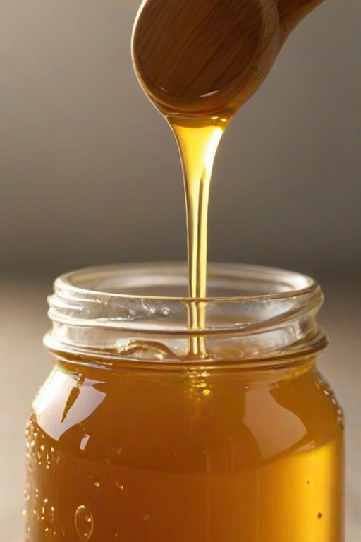 Sharp, high-resolution close-up of a drop of honey slowly dripping from a wooden spoon into a jar, soft sunlight reflecting off the liquid, tiny details of the jar's glass visible, and the smell of sweet honey filling the air.