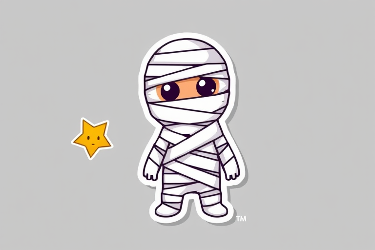 create a kawaii Mummy wrappings sticker, 3d digital art, grey background, sticker line weight