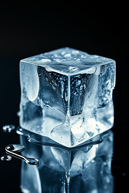 A realistic depiction of a melting ice cube with a glossy surface reflecting light, shot with a DSLR camera at f/4 aperture, ISO 100, 50mm lens, center focus, in natural soft lighting to enhance clarity and texture.