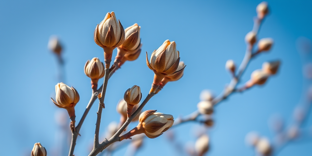 Capture a close-up image of dried flower buds on branches against a sunny blue sky with a DSLR camera set to f/2.8 aperture, ISO 100, 1/250s shutter speed, and a 50mm lens to bring out details and enhance image quality.