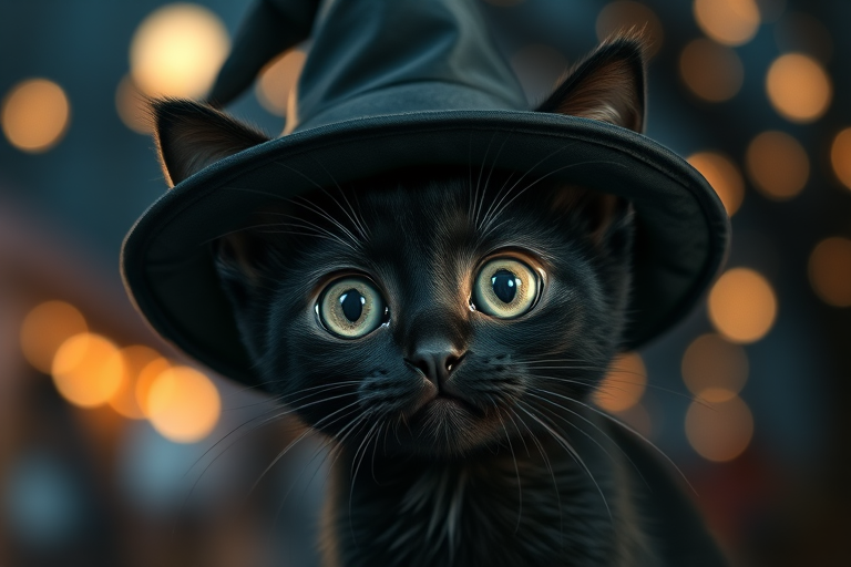 A cute black cat wearing a witch hat with large expressive eyes in a magical night setting, captured with a DSLR camera at f/1.8 aperture, ISO 200, 50mm lens, shallow depth of field, soft bokeh background, cinematic lighting.