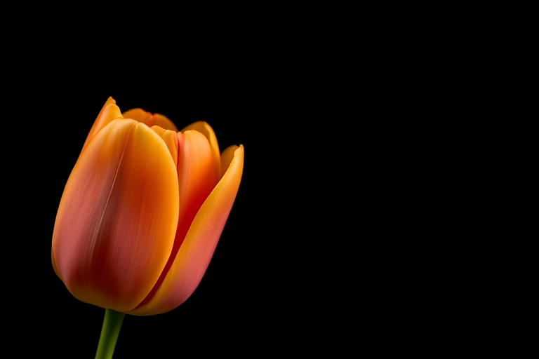 Close-up shot of an orange tulip against a dark background, 85mm lens, f/1.8 aperture, ISO 100, 1/200 sec shutter speed, soft lighting for depth and detail, macro photography style.