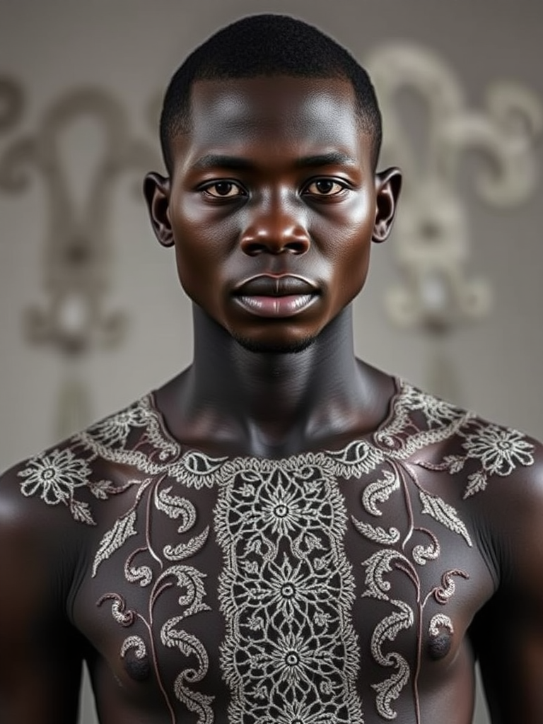 Face, shoulders, chest covered in openwork Igbo embroidery. Raw, unedited image.