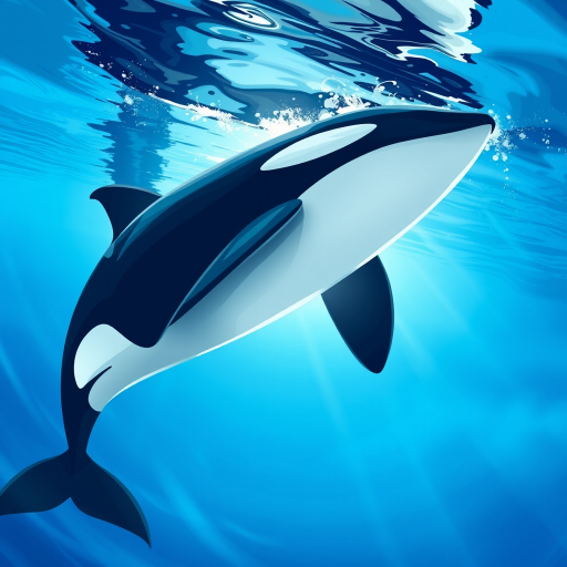 Create a high-resolution illustration of an orca whale swimming gracefully in a clear blue ocean, with soft light filtering through the water, using a Canon EOS R5, aperture f/8, shutter speed 1/250 sec, ISO 100, wide-angle lens, vibrant color saturation for enhanced contrast.
