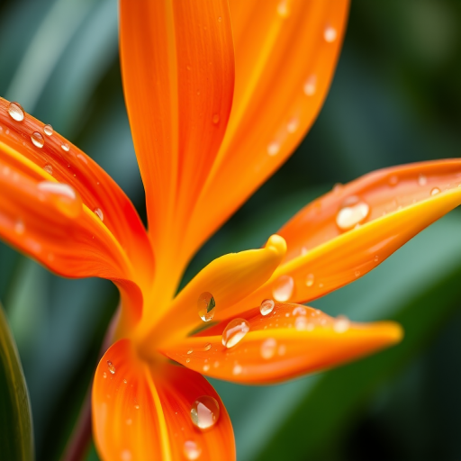 Capture a close-up of a heliconia flower with vibrant orange and yellow petals glistening with raindrops, shallow depth of field, soft bokeh background, natural light, ISO 100, f/2.8, 100mm macro lens, DSLR camera.