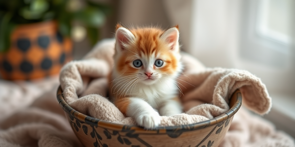 Cute fluffy kitten sitting in a soft blanket inside a decorative bowl, soft natural lighting, 50mm lens, f/1.8 aperture, ISO 200, shallow depth of field, HDR photography, high-resolution digital camera.