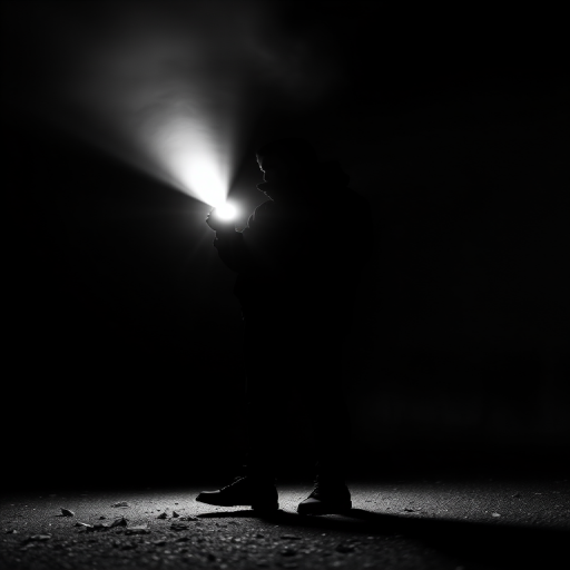 Generate a high-contrast black and white image of a silhouette of a person holding a flashlight, with a soft beam of light cutting through a dark, foggy environment, using a DSLR camera with a 50mm lens, f/1.8 aperture, ISO 800, shutter speed 1/125s, and a low-angle view for dramatic effect.