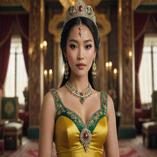A gorgeous Tibetan woman in a luxurious Yellow gown, accessorized with a dazzling tiara and statement earrings, her deep green eyes highlighted by impeccable makeup, poised in a royal setting, photorealistic, 8K quality