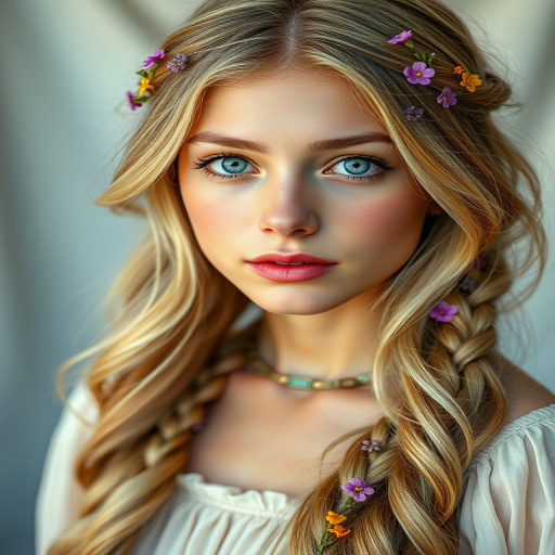 Create an image of a young Turkish woman with long, wavy blonde hair, adorned with small, colorful flowers woven into her braids and loose strands. Her complexion is fair, with soft, glowing skin, and she has light blue eyes that gaze softly at the viewer. She wears a light, flowing dress with a gentle, ethereal quality, complementing her delicate and serene appearance. The background is slightly blurred, drawing focus to her tranquil expression and the intricate details of the flowers in her hair. The overall mood of the image is one of natural beauty and grace, evoking a sense of peacefulness and connection with nature.