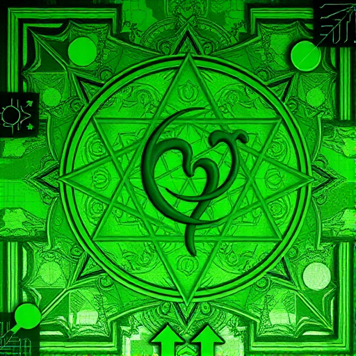 Create a vibrant, detailed illustration of a green alchemical symbol with intricate patterns and textures in the background, using a DSLR camera, aperture f/8, ISO 100, 50mm lens, top-down view, and high dynamic range style to enhance image quality.