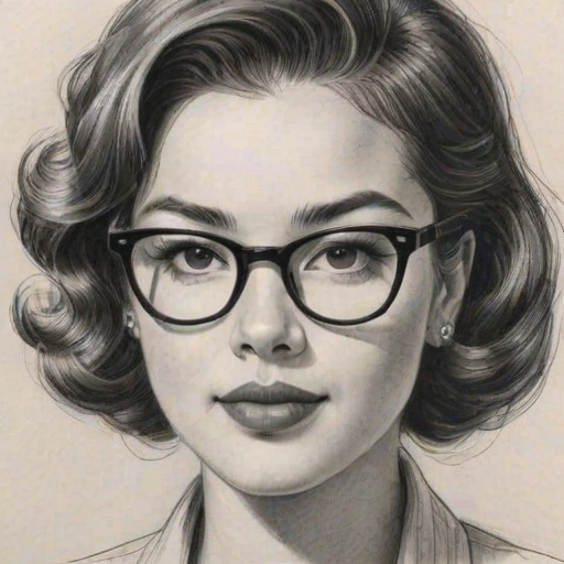 Radiant Peyton Elizabeth Lee, pencil sketch, portrait of Gorgeous woman 1954s in glasses, hair style beatnik, outline, clear lines, fine lines, 8k