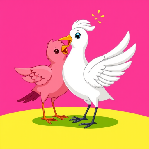 Create a vibrant cartoon-style illustration of two birds, one pink and one white, set against a bright pink background with a green ground, using a digital camera with 50mm lens, f/8 aperture, ISO 100, and vibrant color enhancement.