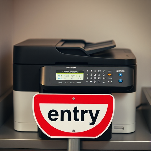 Create a high-resolution image of a printer with a "no entry" sign in front, captured with a DSLR camera using a 50mm lens at f/1.8, ISO 100, and a shutter speed of 1/200s, from a slightly elevated angle to emphasize the printer and sign, with soft lighting to enhance details and contrast.