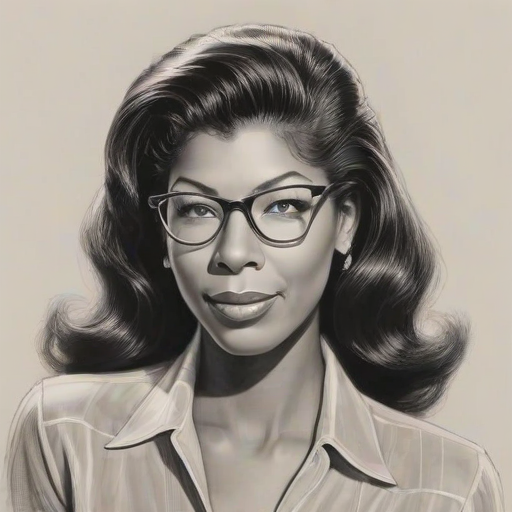 Charming Natalie Cole, pencil sketch, portrait of Alluring woman 1945s in glasses, hair style beatnik, outline, clear lines, fine lines, 8k